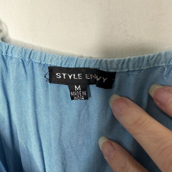 Light Denim Blue Rayon V-Neck Faux Wrap Ruffle Spaghetti Adj Strap Blouse Med - Picture 4 of 12